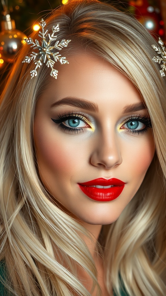 Blonde woman with festive Christmas makeup, featuring gold and green eyeshadow and red lips, against a holiday backdrop.